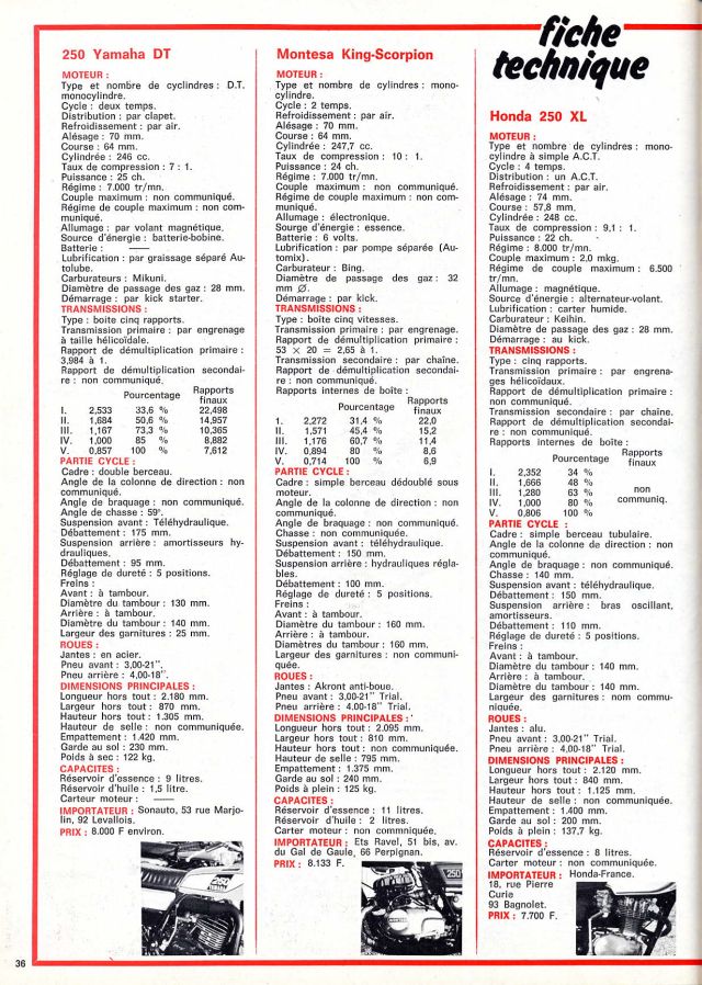 Comparatifs 125 trails 1974 / 1975 / 1976